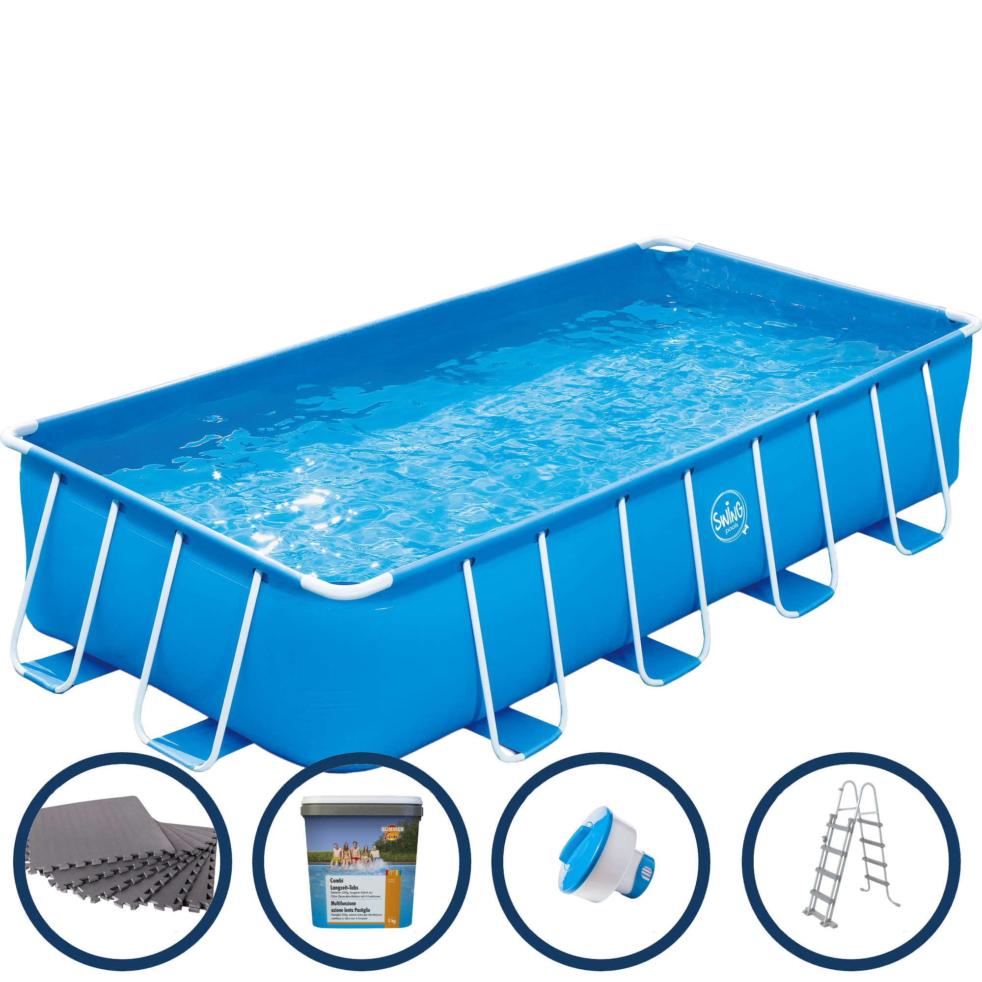Polygroup Summer Waves Frame Pool Set - Blauer rechteckiger Pool, 4,88 x 2,44 x 1,07m, inklusive Zubehör mit Bodenschutzmatten grau 8mm